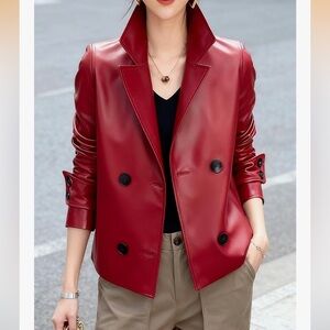 NWT OSHOPLIVE Red with black buttons, Faux Leather Jacket size L.